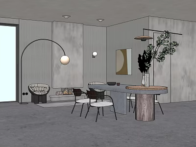 Modern Dining Table Set With Matching Chairs In Contemporary Interior Decorative Vase And Green Plants 3d model