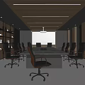 Modern Conference Room Interior Design With Long Table Black Chairs Bookshelves And Windows