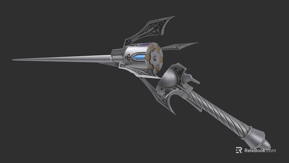 Fantasy Silver Weapon With Intricate Carvings Blue Glowing Gem And Spiral Handle 3d model 