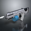 Modern Tactical Rifle With Silver Black Body Blue Drum Magazine And Sleek Grip Design