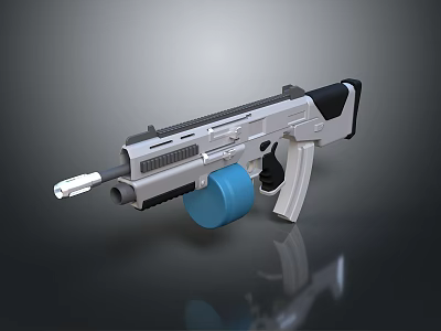 Modern Tactical Rifle With Silver Black Body Blue Drum Magazine And Sleek Grip Design 3d model