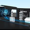Modern Hi tech Stage Design With Curved Screens Blue Lighting And Display Platforms