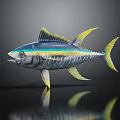 Blue and Yellow Striped Tuna Fish 3D Rendered on Dark Background with Reflection 3d model
