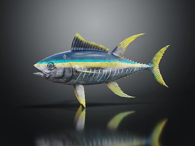 Blue and Yellow Striped Tuna Fish 3D Rendered on Dark Background with Reflection 3d model Blue and Yellow Striped Tuna Fish 3D Rendered on Dark Background with Reflection 3d model