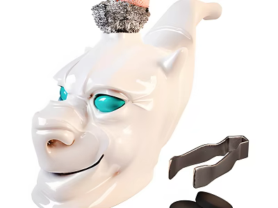 White Fantasy Creature Mask With Blue Eyes And Metal Accessories 3d model