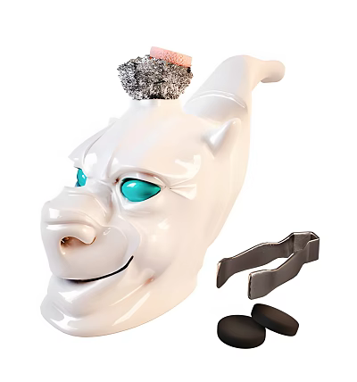White Fantasy Creature Mask With Blue Eyes And Metal Accessories 3d model