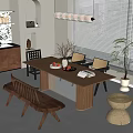 Modern Wooden Dining Table Set With Chairs Bench Fruits Vase And Plant Near Window Blinds