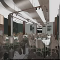 Elegant Banquet Hall Interior With Round Tables Hanging Lights And Wall Decorations