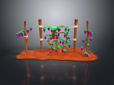 Fresh Purple Grapes Hanging On Green Vines Over Wooden Stick Frames On Brown Ground 3d model