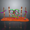 Fresh Purple Grapes Hanging On Green Vines Over Wooden Stick Frames On Brown Ground