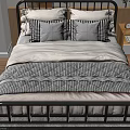 Modern Double Bed with Black Metal Frame Striped Quilt Pillows Bedside Table Lamp and Plant