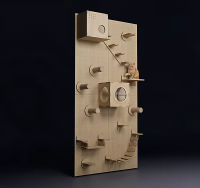 Wooden Building Blocks Cat Climbing Structure With Ladders Platforms And Circular Holes 3d model