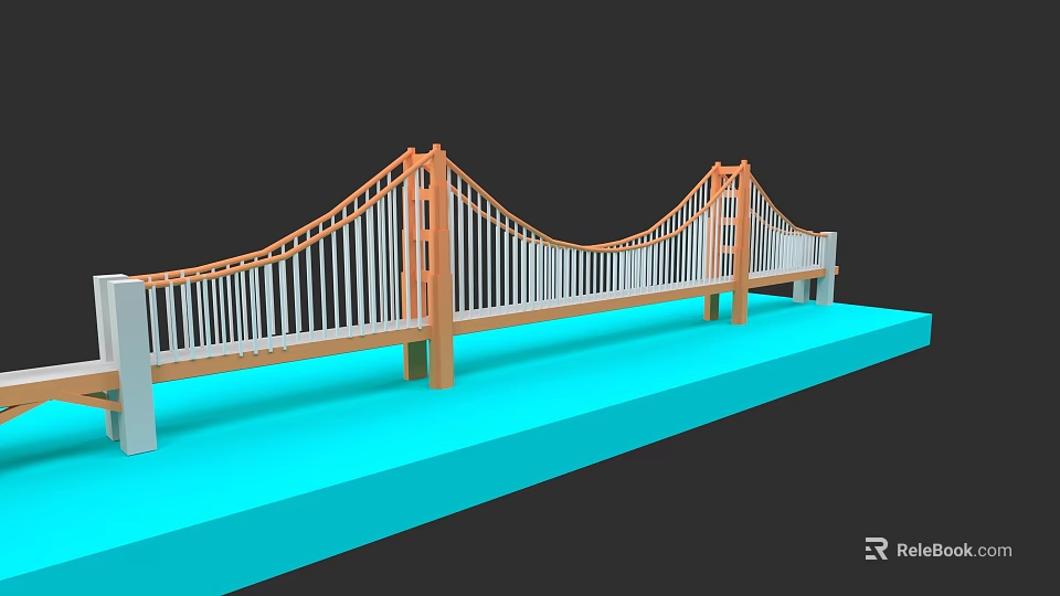 Garden Landscape Featuring Orange Tower Suspension Bridge With White Railing And Blue Base 3d model 
