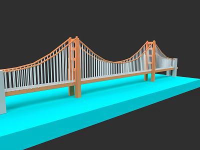 Garden Landscape Featuring Orange Tower Suspension Bridge With White Railing And Blue Base 3d model