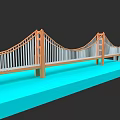 Garden Landscape Featuring Orange Tower Suspension Bridge With White Railing And Blue Base