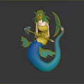 3D Mermaid Character With Green Hair Yellow Top And Blue Tail Holding Weapons