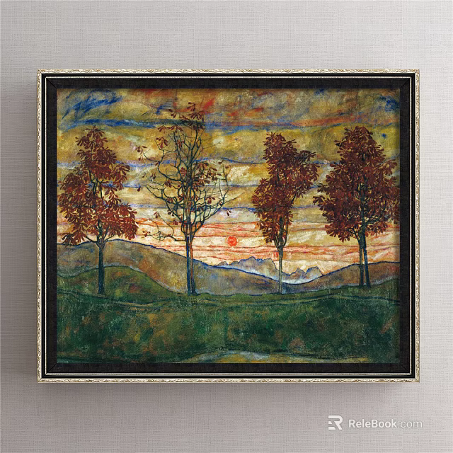 Autumn Landscape Painting With Red Leaf Trees Mountain View And Sunset Sky In Frame 3d model