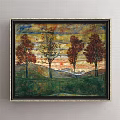 Autumn Landscape Painting With Red Leaf Trees Mountain View And Sunset Sky In Frame 3d model