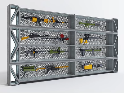 Wall Mounted Metal Grid Cabinet with Layered Storage for Various Colored Toy Guns 3d model