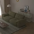 Green Two-Seater Sofa in Cozy Modern Living Room with Sunlight Wooden Floor and Floor Lamp