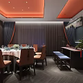 Elegant Private Dining Room Interior With Round Table Red Ceiling And Dark Curtains 3d model