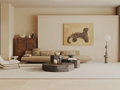 Elegant Modern Living Room Interior With Beige Sofa And Decorative Leopard Painting 3d model