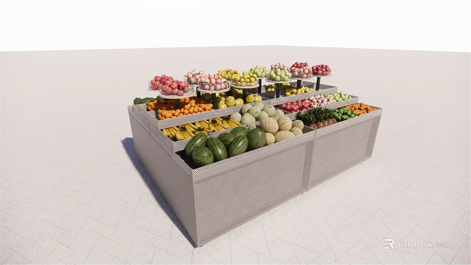 Fruit Display Shelves With Multiple Layers Showing Fresh Strawberries Apples Bananas And Melons 3d model 