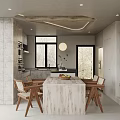 Modern Open Concept Dining Living Area With Pendant Light Large Windows And Wooden Accents