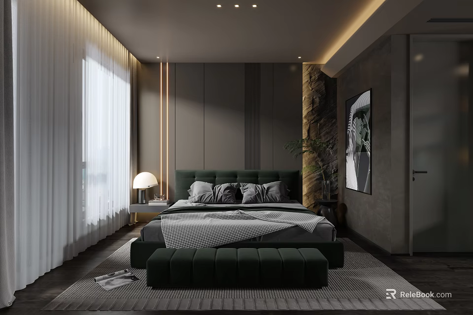 Modern Bedroom Interior With Green Headboard Gray Walls White Curtains Green Footstool And Decorative Painting 3d model 