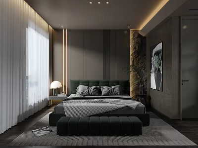 Modern Bedroom Interior With Green Headboard Gray Walls White Curtains Green Footstool And Decorative Painting 3d model