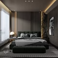 Modern Bedroom Interior With Green Headboard Gray Walls White Curtains Green Footstool And Decorative Painting