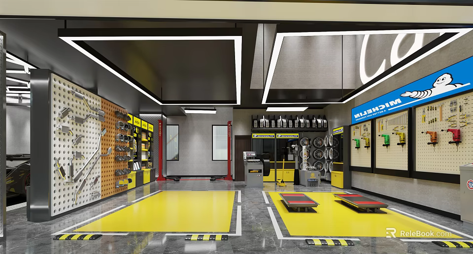 4S Automotive Service Workshop With Yellow Floor Repair Tools And Equipment Setup 3d model 