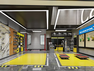 4S Automotive Service Workshop With Yellow Floor Repair Tools And Equipment Setup 3d model