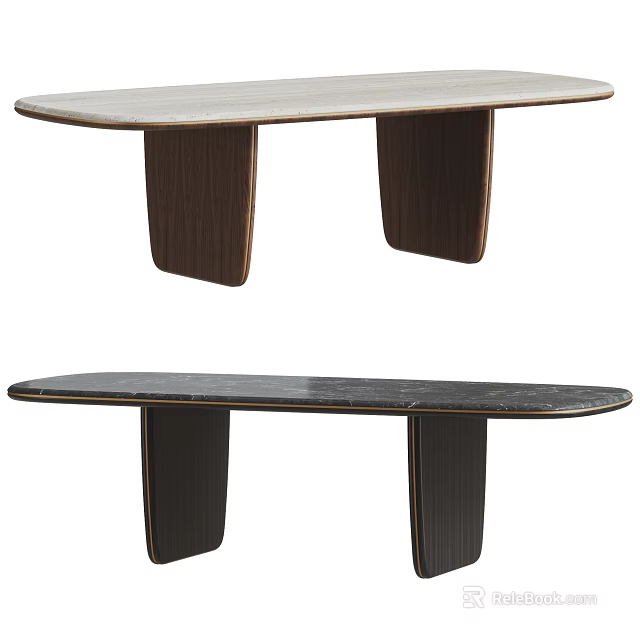 Modern Oval Dining Table Featuring Marble Top Dark Wooden Legs And Metal Accents 3d model 