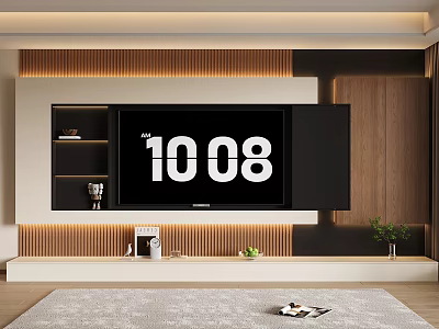 Modern TV Background Wall Design With Wooden Strips Decorative Shelves And Warm Lighting 3d model