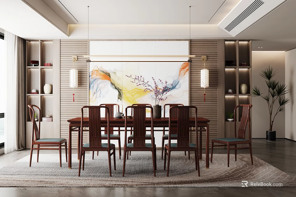 Elegant Modern Restaurant Interior With Long Dining Table Wooden Chairs Colorful Background Artwork And Display Shelves 3d model 