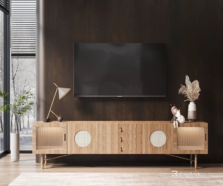 Modern Wooden TV Stand With Golden Legs Circular Cutouts And Decorative Accents 3d model 