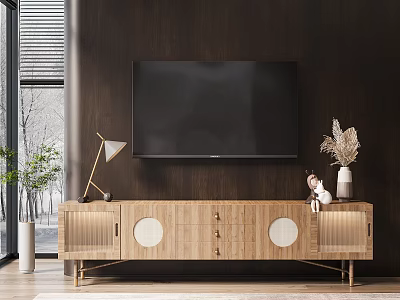Modern Wooden TV Stand With Golden Legs Circular Cutouts And Decorative Accents 3d model