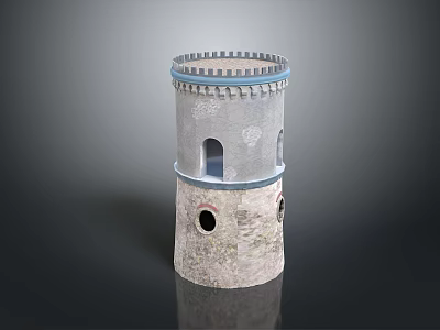 Weathered Multi level Tower Building With Rimmed Top Round Windows And Textured Stone Base 3d model