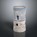 Weathered Multi level Tower Building With Rimmed Top Round Windows And Textured Stone Base