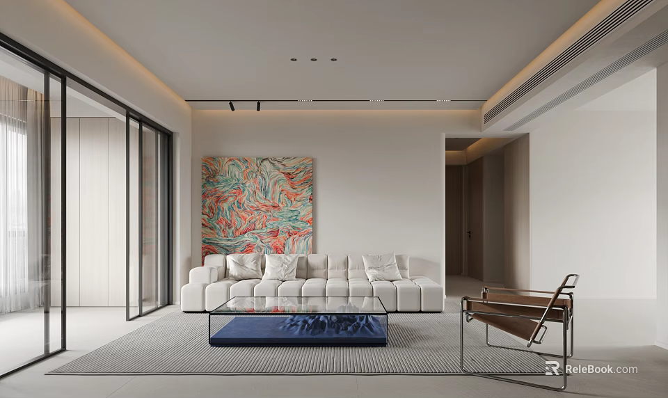 Modern Minimalist Living Room Interior With White Sofa Blue Coffee Table And Colorful Abstract Painting 3d model 