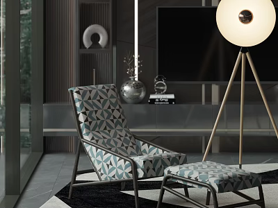 Modern Geometric Pattern Lounge Chair With Matching Ottoman And Tripod Floor Lamp In Living Room 3d model