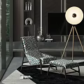 Modern Geometric Pattern Lounge Chair With Matching Ottoman And Tripod Floor Lamp In Living Room