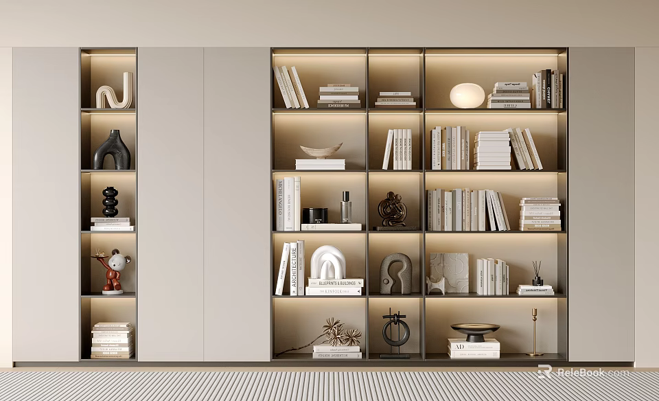 Modern Bookcase Interior Design With Shelves Books Decorative Sculptures And Vases 3d model 