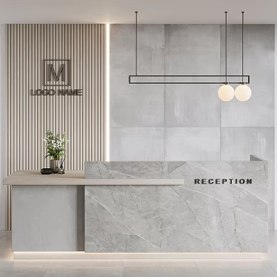 Modern Reception Desk Featuring Marble Countertop Gray Wall Small Plant And Pendant Lights 3d model