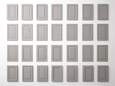 Grey Cabinet Doors Various Designs Arranged In Grid Display On White Background 3d model