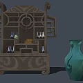 Traditional Chinese Curio Cabinet With Carved Design Holding Antique Vases And Green Ceramic Vase