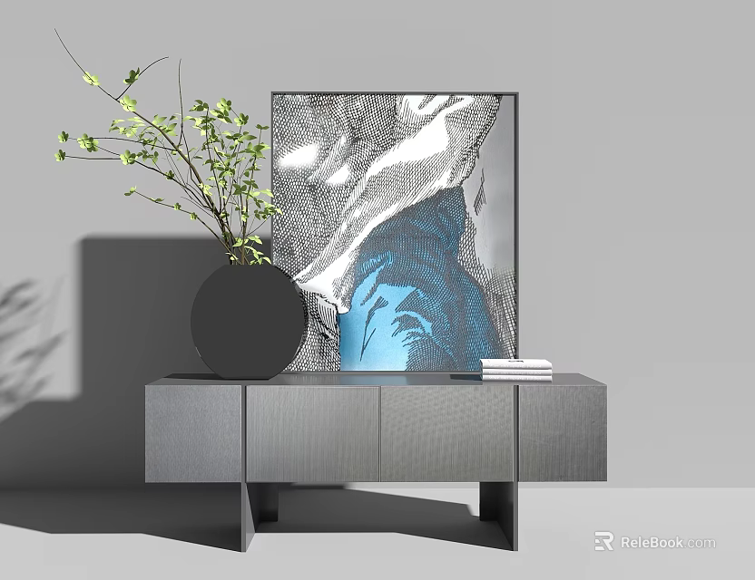 Modern Minimalist Entryway Console Cabinet With Gray Surface Potted Plant And Artwork 3d model 