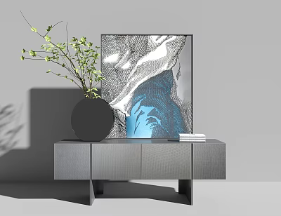 Modern Minimalist Entryway Console Cabinet With Gray Surface Potted Plant And Artwork 3d model