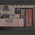 Cartoon Kitchen Scene With Colorful Cabinets Stove Sink Red Refrigerator And Tile Floor
